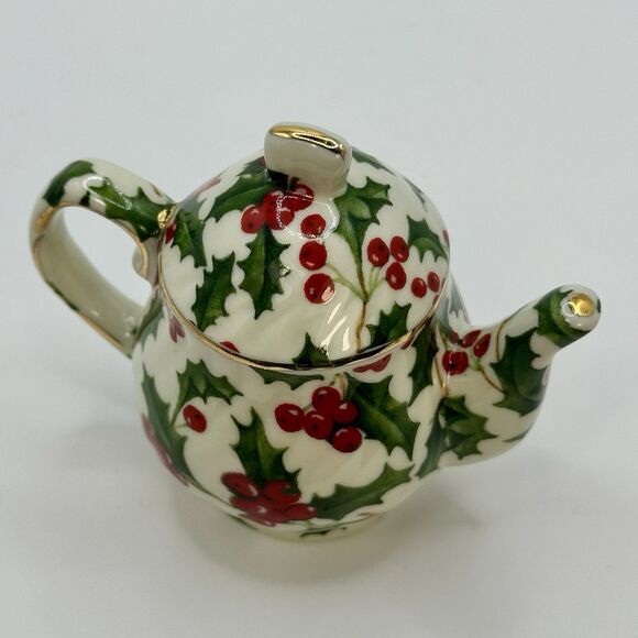 Vintage Miniature Teapot Christmas Decor Ornament Holly Pattern Gold Accents - Picture 8 of 9